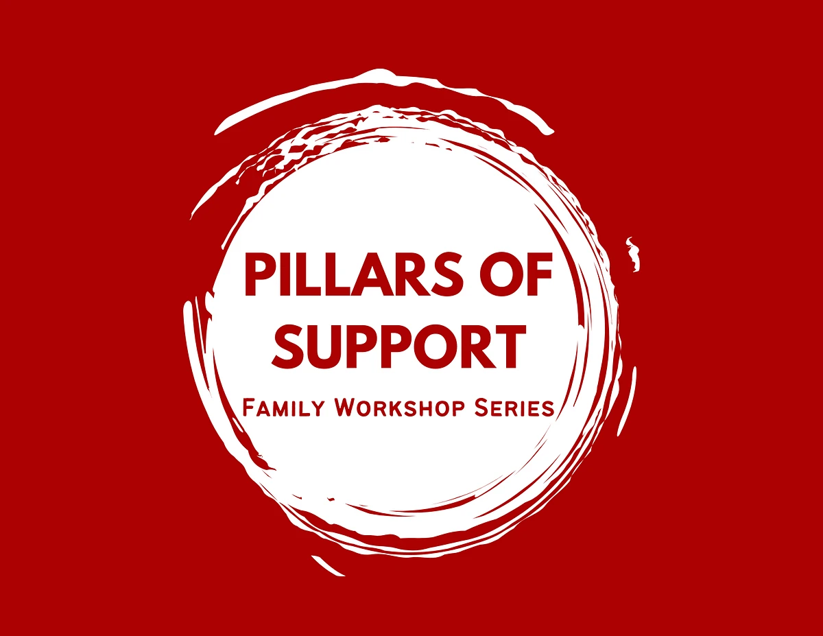 The image features a red background with a circular white brush stroke design surrounding the text "Pillars of Support: Family Workshop Series."
