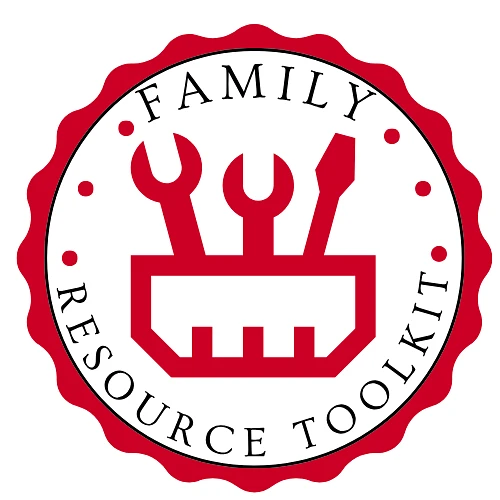 The image is a logo with a red tool kit containing a wrench, hammer, and screwdriver, surrounded by the words "Family Resource Toolkit."
